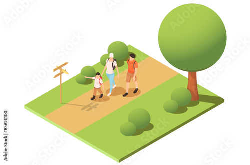 Family hiking on a trail with trees and bushes, isometric style, light background. Concept of outdoor activity. Vector illustration
