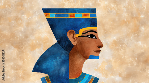 Artistic depiction of biblical Joseph as a Pharaoh in ancient Egypt, showcasing a stylized profile with vibrant blue and gold colors, set against a textured background. photo