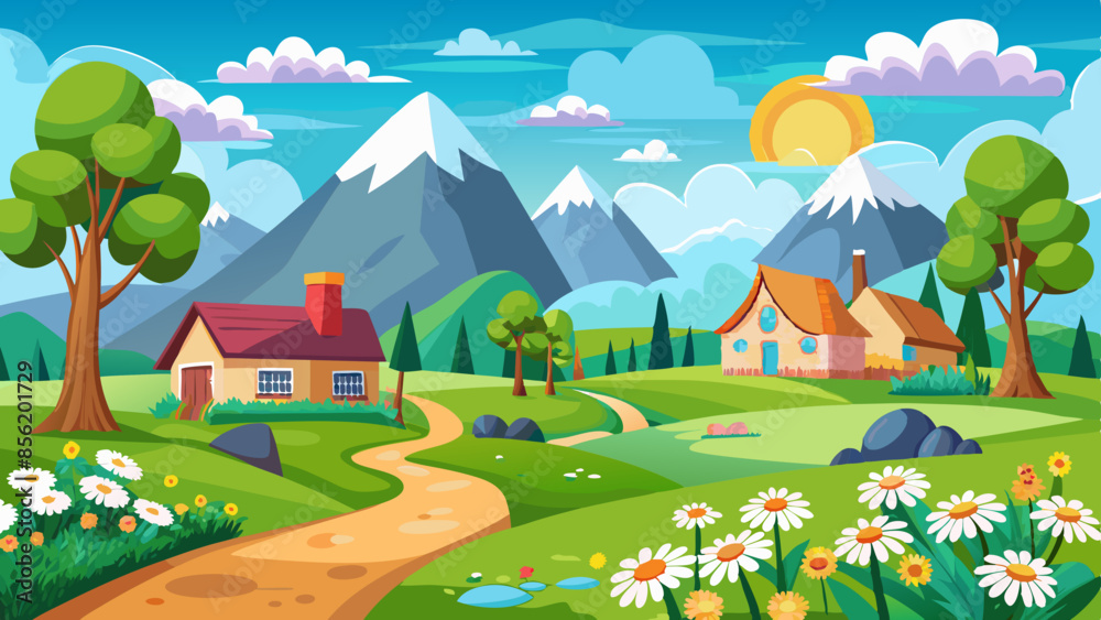 Panorama village landscape featuring meadow, house, trees, clear sky, mountains, and sunny weather