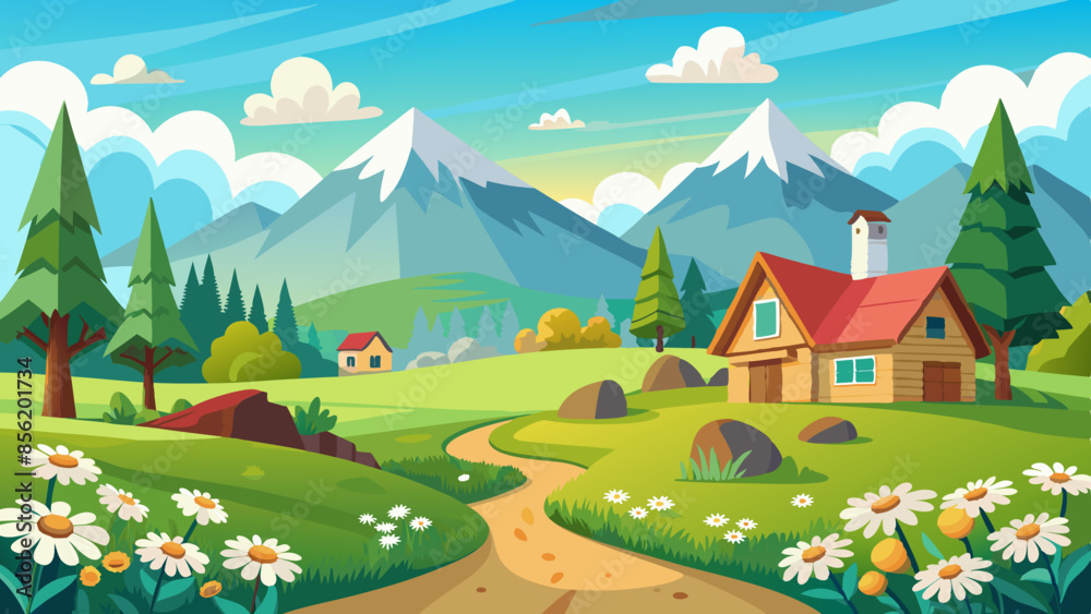 Fototapeta premium Panorama village landscape featuring meadow, house, trees, clear sky, mountains, and sunny weather