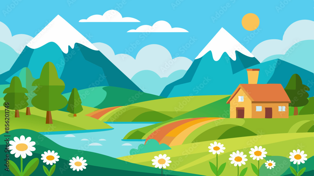 Naklejka premium Panorama village landscape featuring meadow, house, trees, clear sky, mountains, and sunny weather