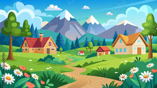 Panorama village landscape featuring meadow, house, trees, clear sky, mountains, and sunny weather