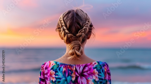 A girl with braided hair, wearing a colorful dress, standing on a beach at sunset. The waves gently lap at her feet, and she looks out over the ocean with a serene and thoughtful expression photo