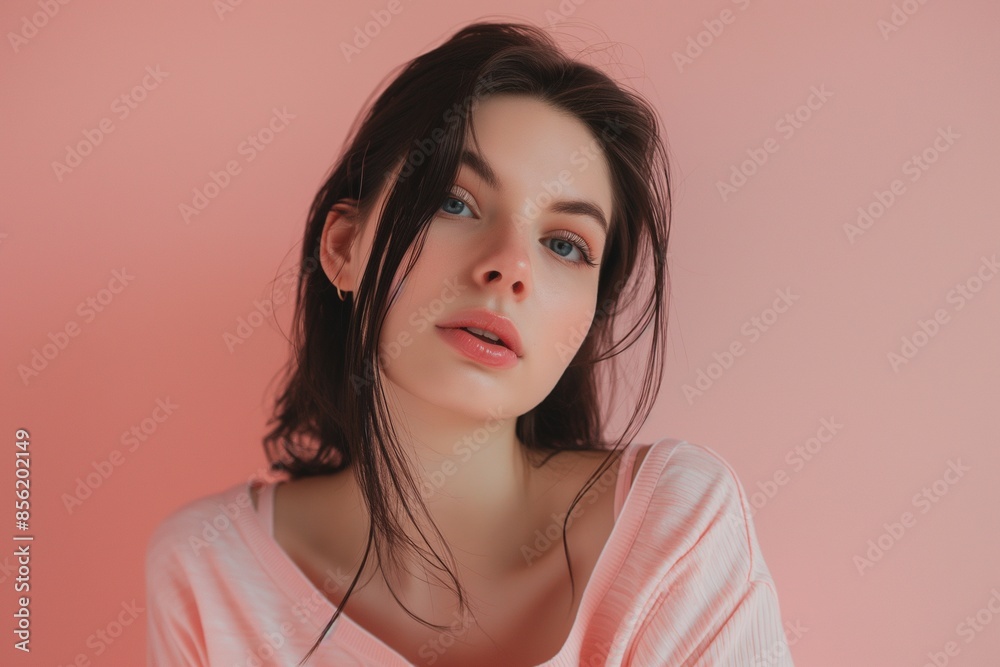 Attractive model girl at the studio pink pastel background, Captivating Model Photoshoot, Pink Pastel Studio Background, Stunning Fashion Photography, Model in a Pink Pastel Studio