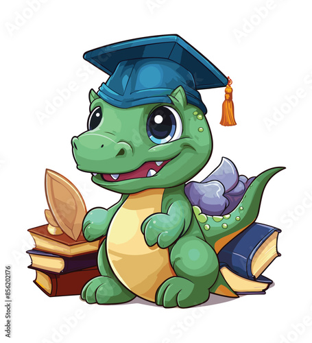 Vector cute trex dinosaur wearing a graduation hat and a lot of book illustrations with AI