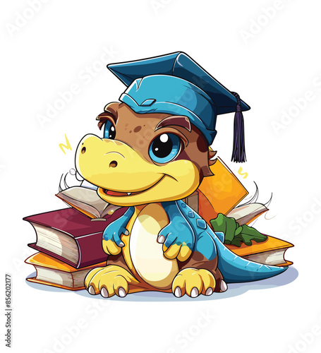 Vector cute trex dinosaur wearing a graduation hat and a lot of book illustrations with AI