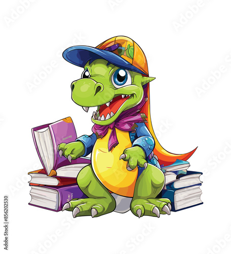 Vector cute trex dinosaur wearing a graduation hat and a lot of book illustrations with AI