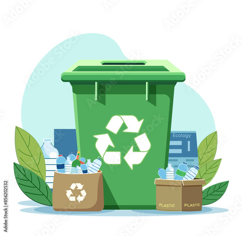 Green recycling bin with plastic bottles on baskets, on white background. Concept of waste management. Vector illustration