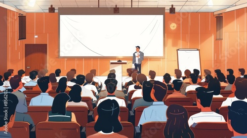 a lot of students in auditorium, a businessman giving special lecture