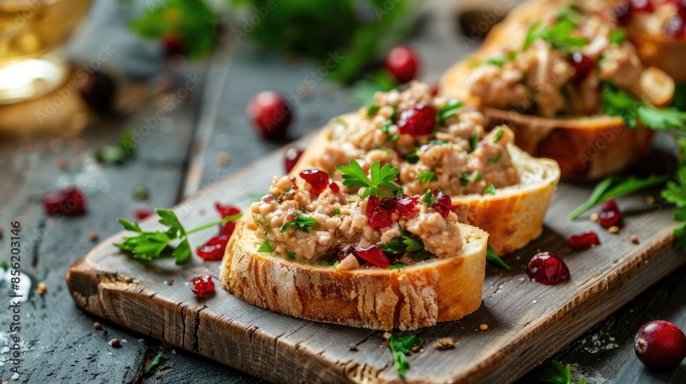 Chicken pate with cranberry spread on toasted baguette slices Traditional rural cuisine Chicken pate with cranberry spread on toasted baguette slices Traditional rural cuisine