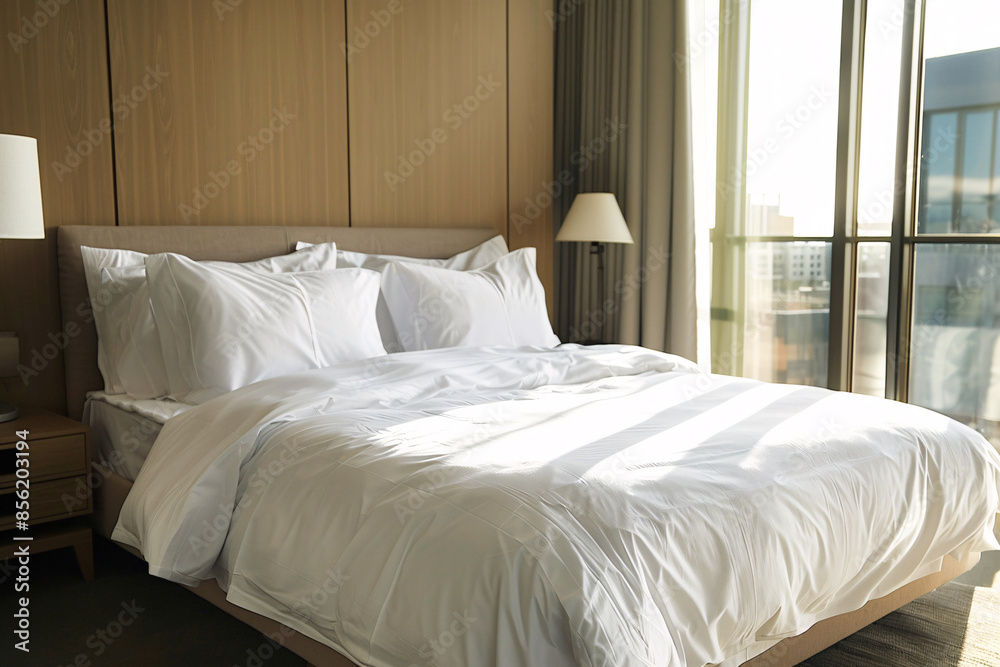 modern bed with duvet and pillows in bedroom