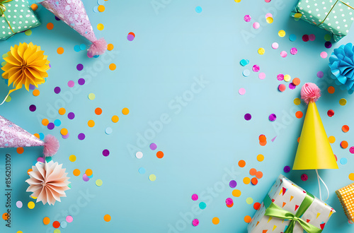 Colorful party decorations on light blue background, birthday gifts and paper hats