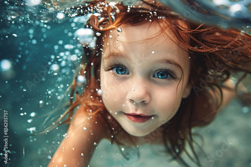 cute little girl swimming under water with copy space for text