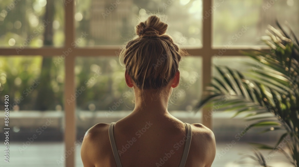 A woman with a bun hairstyle wearing a white tank top looking out of a window with a view of greenery. A woman with a bun hairstyle wearing a white tank top looking out of a window with a view of greenery.