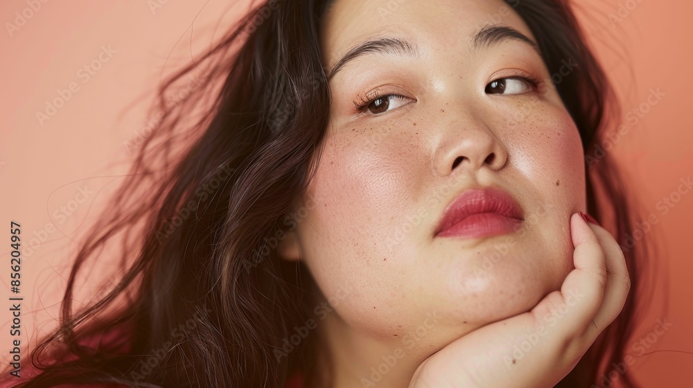 A young woman with long dark hair rosy cheeks and a subtle makeup look gazing to the side with a gentle hand on her chin set against a soft pink background. A young woman with long dark hair rosy cheeks and a subtle makeup look gazing to the side with a gentle hand on her chin set against a soft pink background.