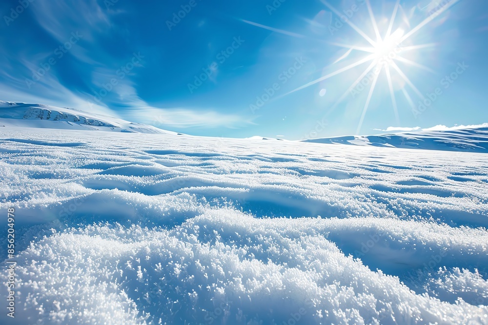 A pristine snow covered landscape under a bright blue sky with a shining sun. A pristine snow covered landscape under a bright blue sky with a shining sun.