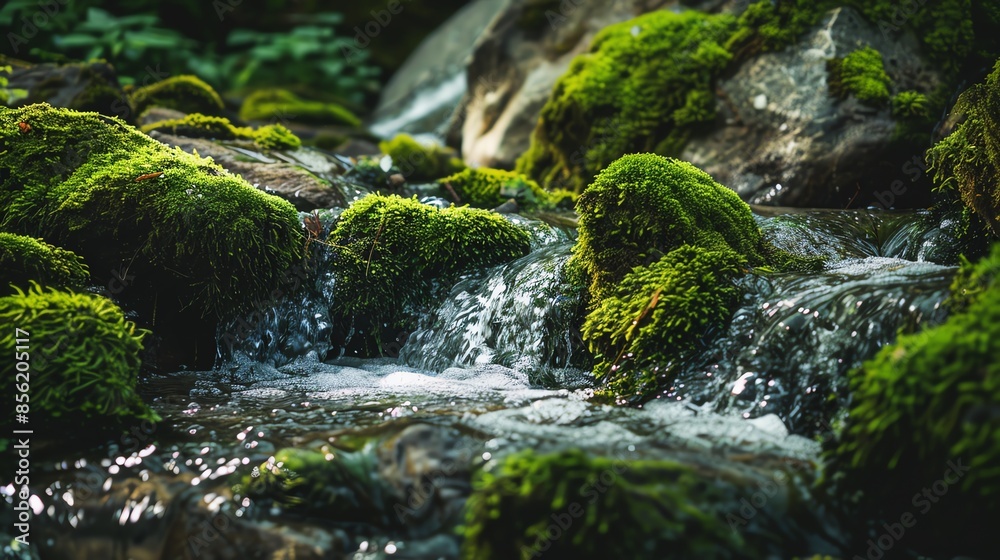 A serene stream flows over moss-covered rocks in a lush forest setting. The water is crystal clear and the sunlight creates a sparkling effect. A serene stream flows over moss-covered rocks in a lush forest setting. The water is crystal clear and the sunlight creates a sparkling effect.