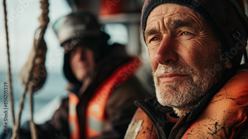 Wallpaper Mural Two weathered men one with a beard wearing life jackets on a boat looking into the distance. Torontodigital.ca