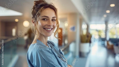 Smiling woman in blue scrubs standing in a modern well-lit hospital corridor with a blurred background. photo