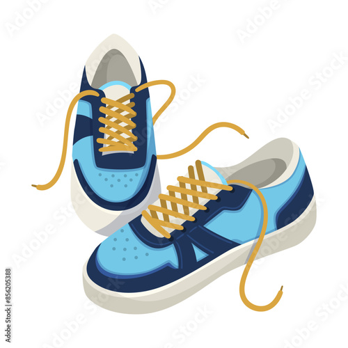 A pair of blue and yellow sneakers with laces on a white background. Concept of footwear. Vector illustration