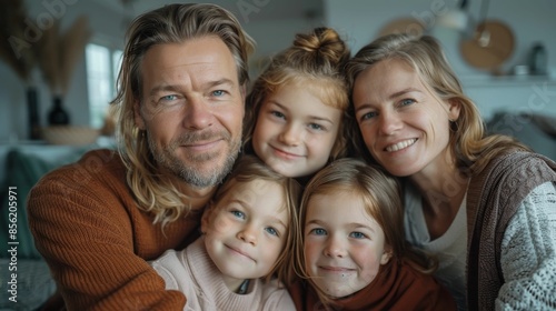 A family of four including a man with long hair and a beard a woman and two young girls posing for a photo in a cozy home setting.