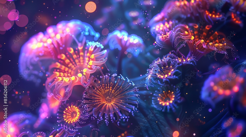 Abstract digital art featuring glowing, bioluminescent jellyfish-like forms in vibrant hues of pink, blue, and orange. The background is a dark, starry night. Abstract digital art featuring glowing, bioluminescent jellyfish-like forms in vibrant hues of pink, blue, and orange. The background is a dark, starry night.
