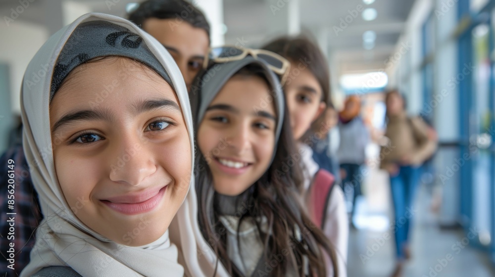 A group of young girls smiling and posing for a photo wearing hijabs in a school corridor. A group of young girls smiling and posing for a photo wearing hijabs in a school corridor.