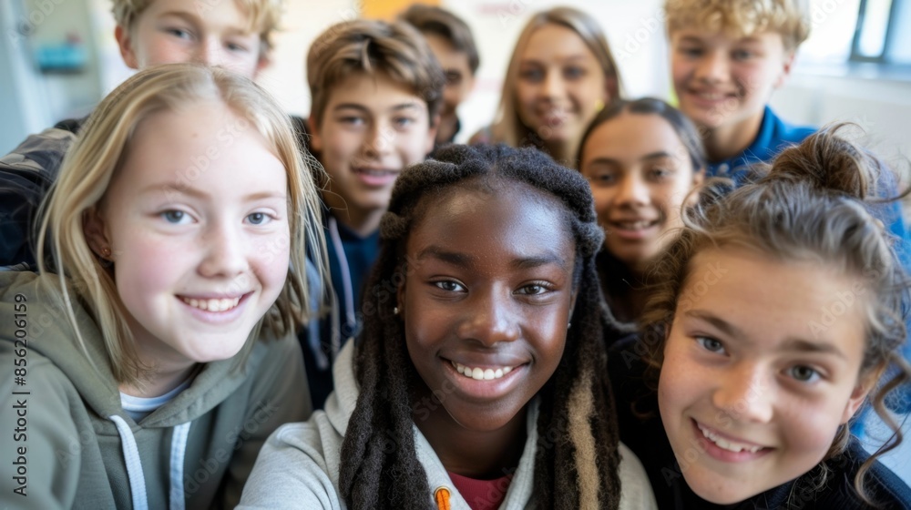 A group of young children smiling and posing for a selfie showcasing a diverse group of friends. A group of young children smiling and posing for a selfie showcasing a diverse group of friends.