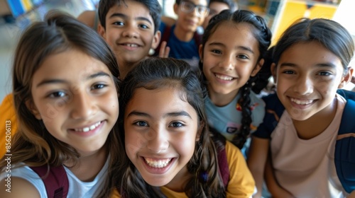A group of six smiling children possibly schoolmates posing for a selfie with backpacks suggesting a school setting or an outing.