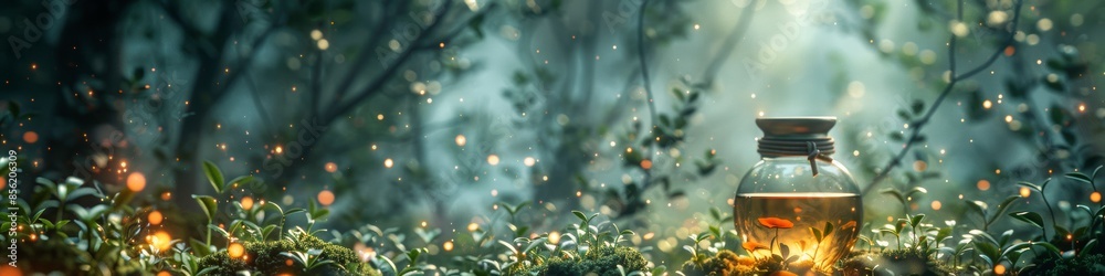 Oolong tea close-up in a surreal enchanted forest, rich green and brown tones, mystical glow, hyper-realistic detail, artistic composition, magical atmosphere Oolong tea close-up in a surreal enchanted forest, rich green and brown tones, mystical glow, hyper-realistic detail, artistic composition, magical atmosphere
