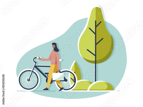 Woman walking with a bike near a tree on a light blue background. Concept of outdoor activity and nature. Vector illustration