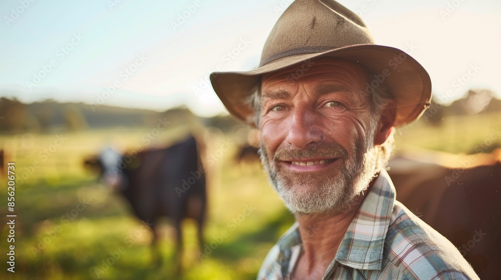 A contented old man with a beard wearing a cowboy hat and plaid shirt standing in a field with cows smiling at the camera. A contented old man with a beard wearing a cowboy hat and plaid shirt standing in a field with cows smiling at the camera.