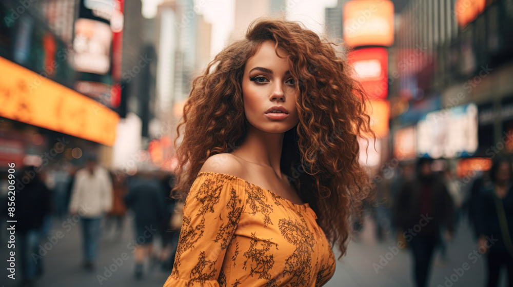 A woman with curly hair is standing in a busy city street A woman with curly hair is standing in a busy city street