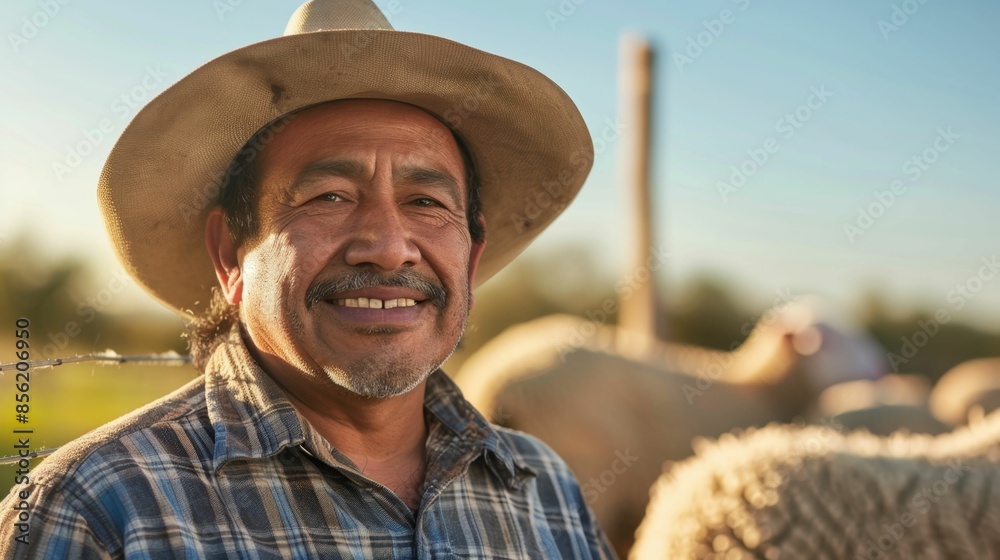 Fototapeta premium A smiling man in a straw hat and plaid shirt standing amidst a herd of sheep in a pastoral setting.