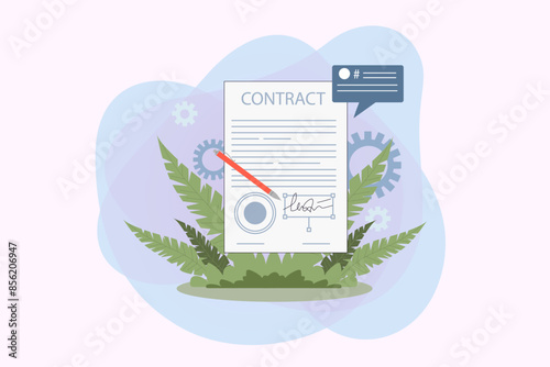 Contract with electronic signature vector illustration. Formal agreement with pen. Signing documents, paperwork, online app, modern technology concept