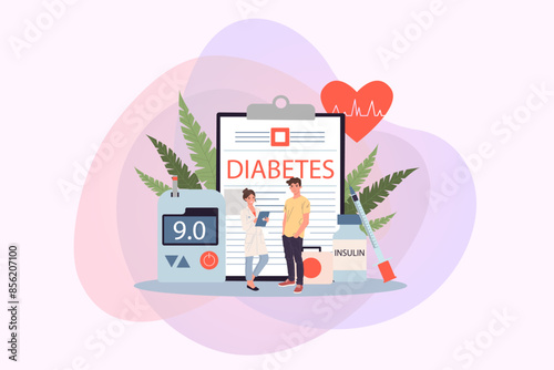 Doctor checking patient blood sugar level vector illustration. Man taking illness treatment with insulin injection. Diabetes control therapy in clinic, measuring sugar level with glucometer