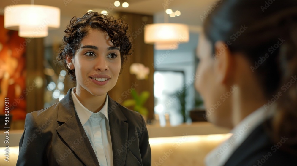 A young woman with curly hair wearing a dark blazer and a white shirt smiling and looking to her right.