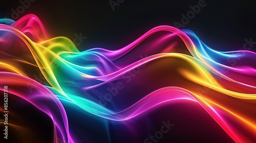 Black background, rainbow light in the shape of an abstract organic curve 