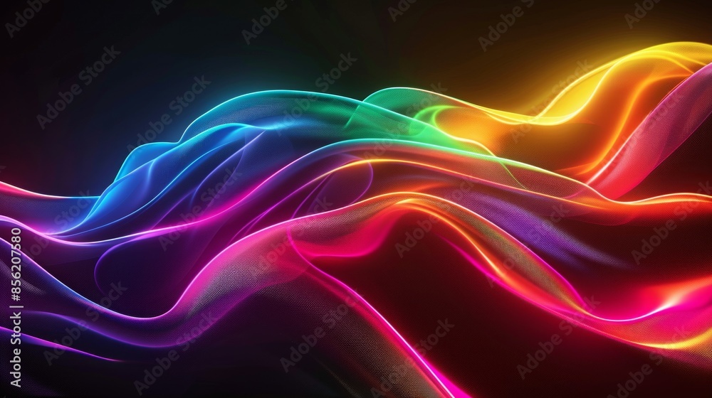 Naklejka premium Black background, rainbow light in the shape of an abstract organic curve 