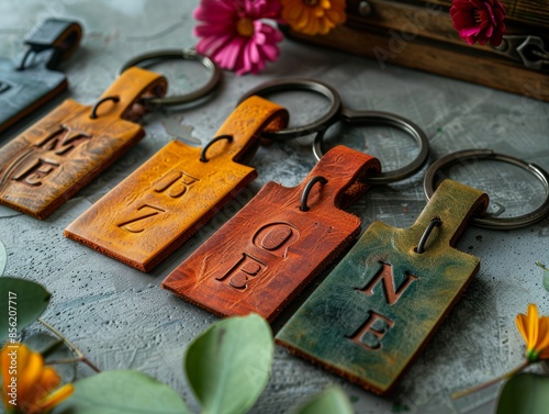 Personalized Leather Key Tags on a Natural Background Generative AI