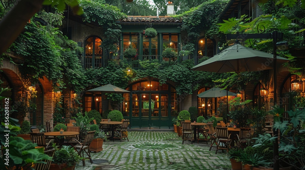 Obraz premium garden coffee in Paris .Interior of a cozy restaurant in the middle of the garden.