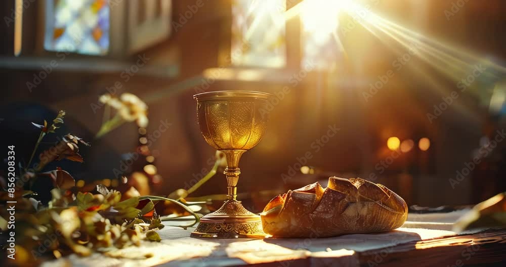 Warm sunlight on a golden chalice and fresh bread, representing communion and unity on an altar