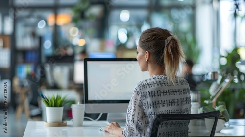Creative and digital-focused workplace featuring a young professional woman sitting at her desk with an empty screen, emphasizing her role in marketing management and communication