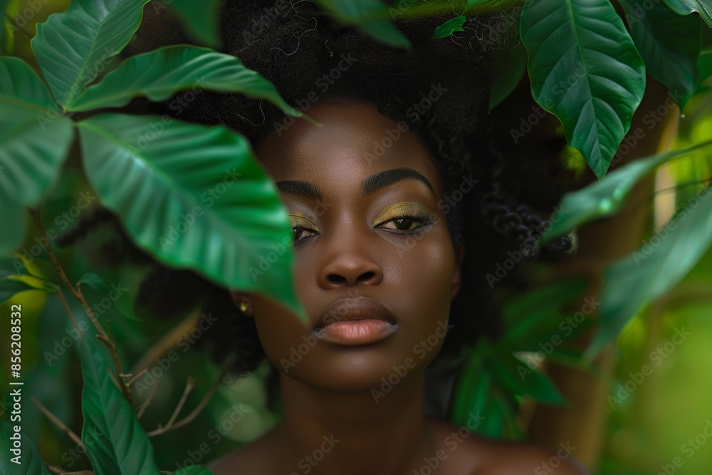 African woman portrait photography, set in a serene natural environment, with the woman surrounded by lush greenery, capturing a moment of peace and connection to nature African woman portrait photography, set in a serene natural environment, with the woman surrounded by lush greenery, capturing a moment of peace and connection to nature