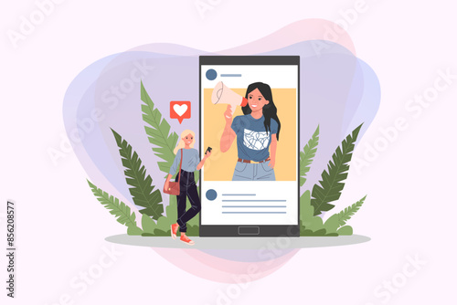 Huge smartphone with female blogger promoting goods for young woman. Flat vector illustration. Potential product consumer reading influencer advices. Social media, digital marketing concept