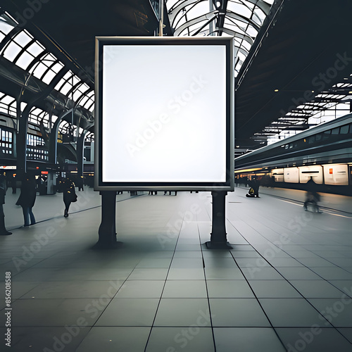 An empty blank billboard or advertising poster in a train station with blurred people.