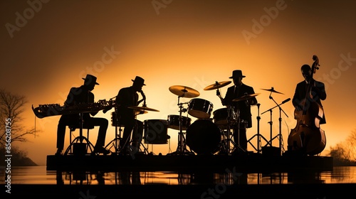 Silhouette of jazz musicians playing music against a sunset backdrop.

