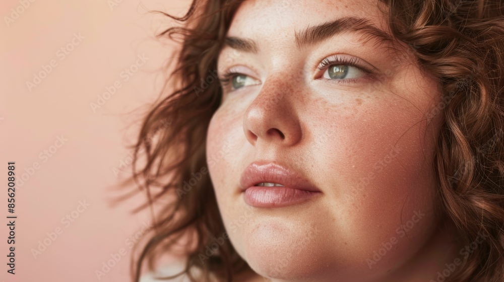 Fototapeta premium A close-up of a person with curly hair freckles and a soft expression looking slightly away from the camera with a gentle gaze.