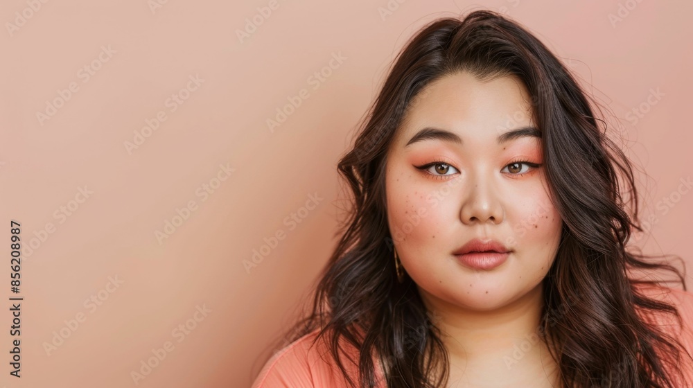 A young woman with long dark hair and light brown eyes wearing subtle makeup including pink blush and eyeshadow with a soft warm-toned background.