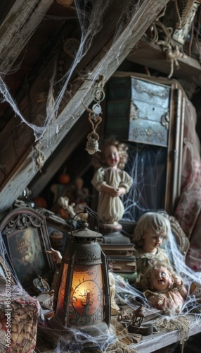 Wallpaper Mural Eerie Attic with Vintage Halloween Decorations and Flickering Lantern, Perfect for Haunted Themes Torontodigital.ca